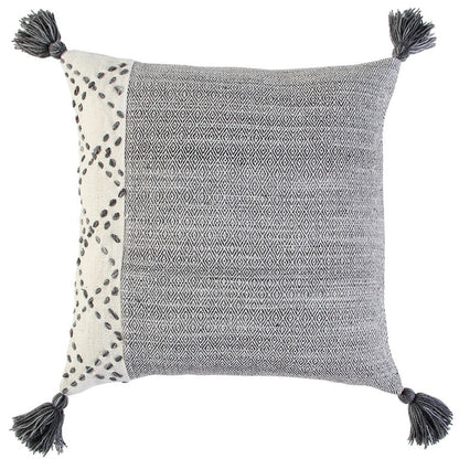 20" Gray and Ivory Herringbone Cotton Throw Pillow With Tassels FurniFindUSA