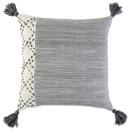 20" Gray and Ivory Herringbone Cotton Throw Pillow With Tassels FurniFindUSA