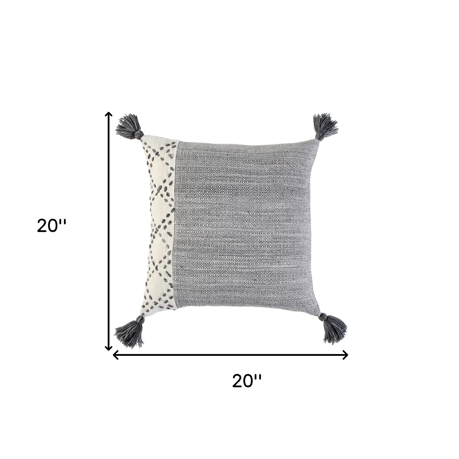20" Gray and Ivory Herringbone Cotton Throw Pillow With Tassels FurniFindUSA