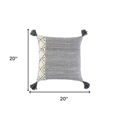20" Gray and Ivory Herringbone Cotton Throw Pillow With Tassels FurniFindUSA