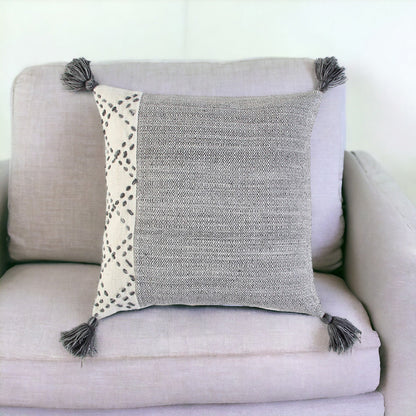 20" Gray and Ivory Herringbone Cotton Throw Pillow With Tassels FurniFindUSA
