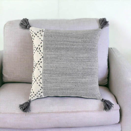 20" Gray and Ivory Herringbone Cotton Throw Pillow With Tassels FurniFindUSA
