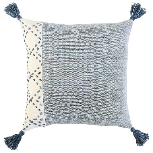 20" Blue and Ivory Herringbone Cotton Throw Pillow With Tassels FurniFindUSA