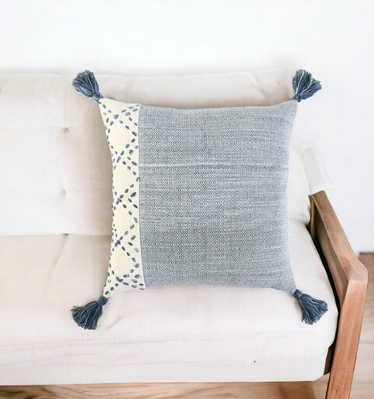 20" Blue and Ivory Herringbone Cotton Throw Pillow With Tassels FurniFindUSA