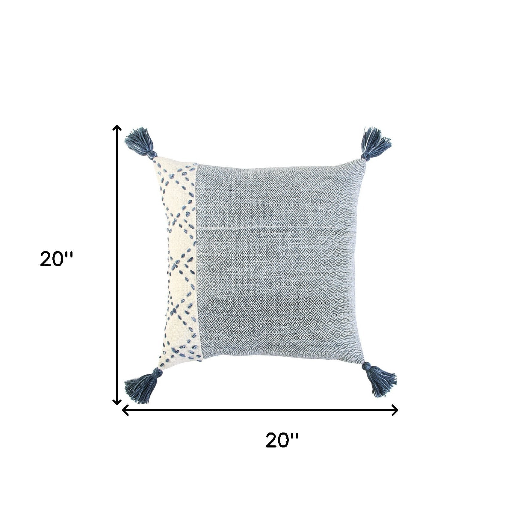 20" Blue and Ivory Herringbone Cotton Throw Pillow With Tassels FurniFindUSA