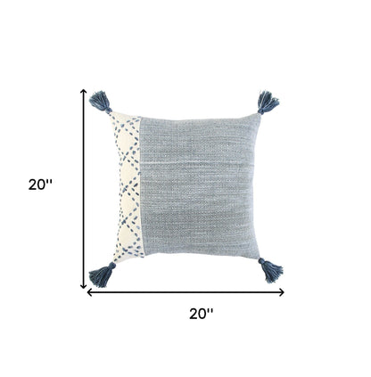 20" Blue and Ivory Herringbone Cotton Throw Pillow With Tassels FurniFindUSA