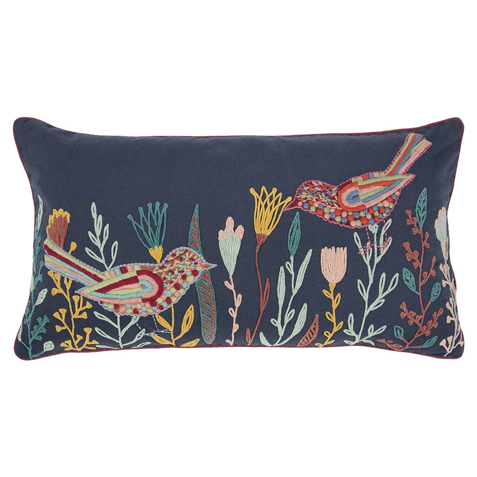 Blue Botanical and Bird Embroidered Lumbar Pillow FurniFindUSA