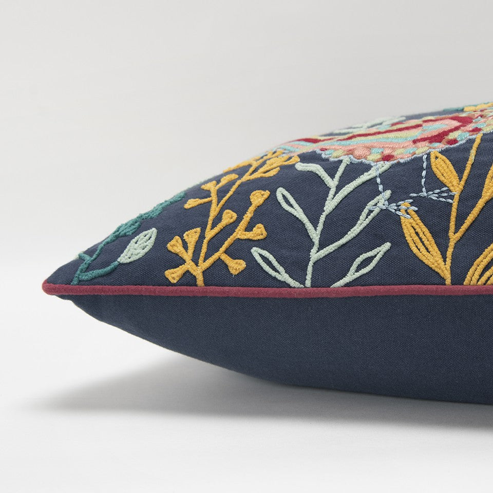 Blue Botanical and Bird Embroidered Lumbar Pillow FurniFindUSA