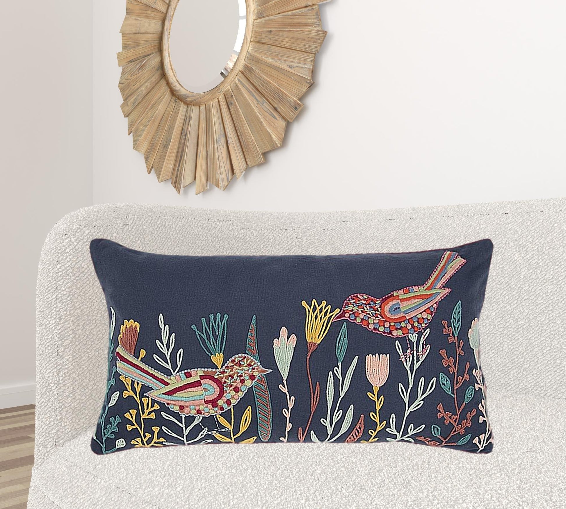 Blue Botanical and Bird Embroidered Lumbar Pillow FurniFindUSA