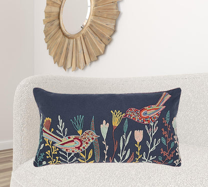Blue Botanical and Bird Embroidered Lumbar Pillow FurniFindUSA