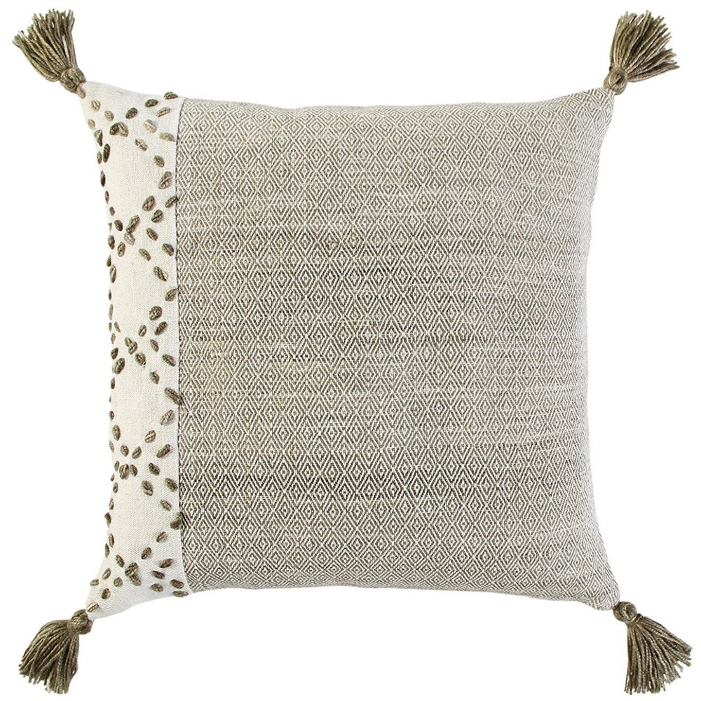 20" Taupe and Ivory Herringbone Cotton Throw Pillow With Tassels — view 1