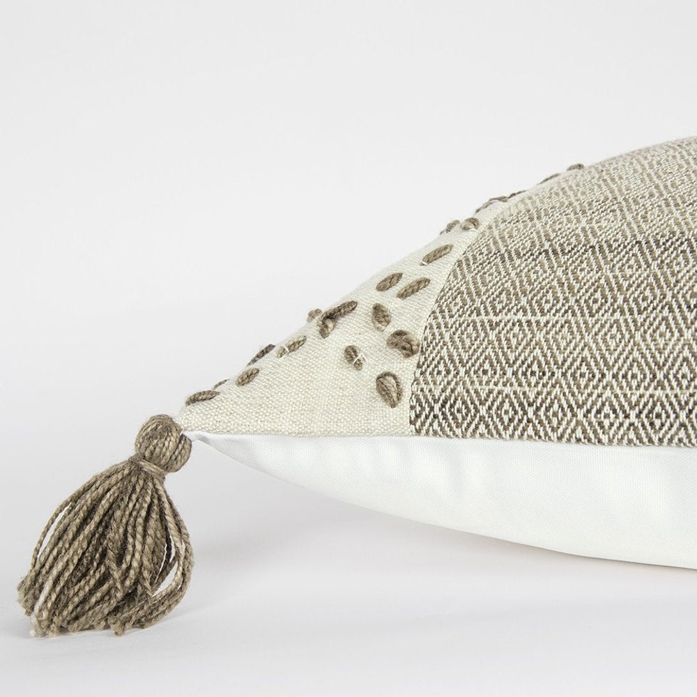 20" Taupe and Ivory Herringbone Cotton Throw Pillow With Tassels — view 4