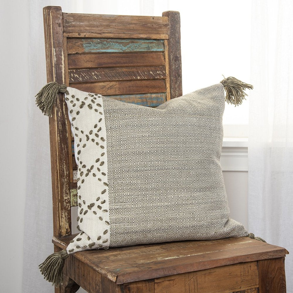 20" Taupe and Ivory Herringbone Cotton Throw Pillow With Tassels — view 5