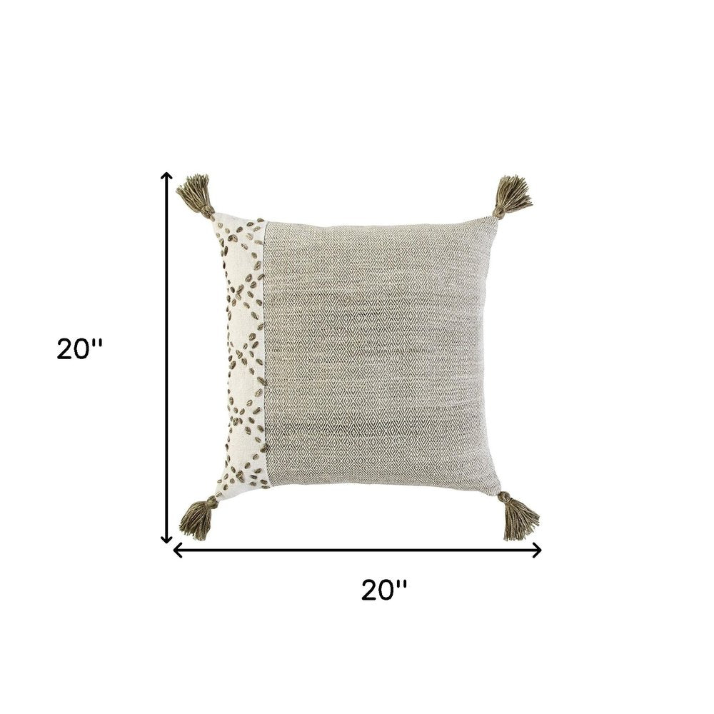 20" Taupe and Ivory Herringbone Cotton Throw Pillow With Tassels — view 6