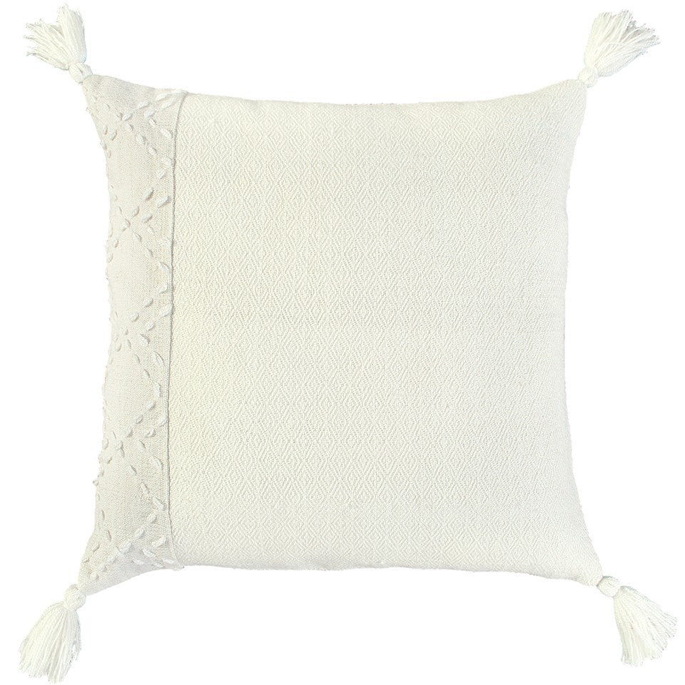 20" Ivory Herringbone Cotton Throw Pillow With Tassles FurniFindUSA