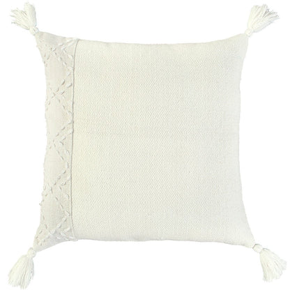 20" Ivory Herringbone Cotton Throw Pillow With Tassles FurniFindUSA