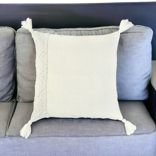 20" Ivory Herringbone Cotton Throw Pillow With Tassles FurniFindUSA