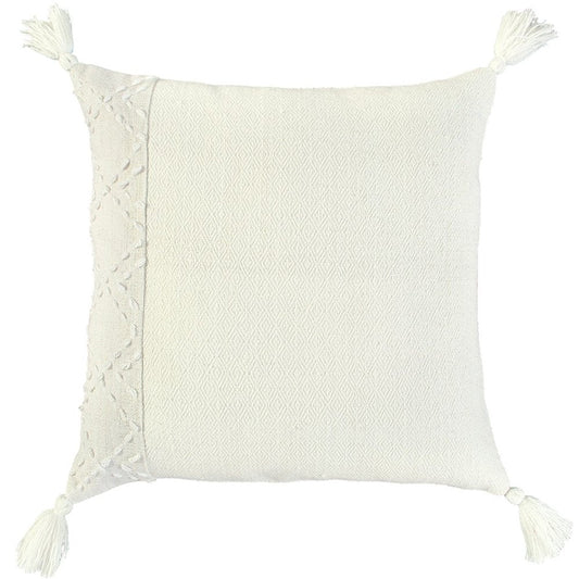 20" Ivory Herringbone Cotton Throw Pillow With Tassles