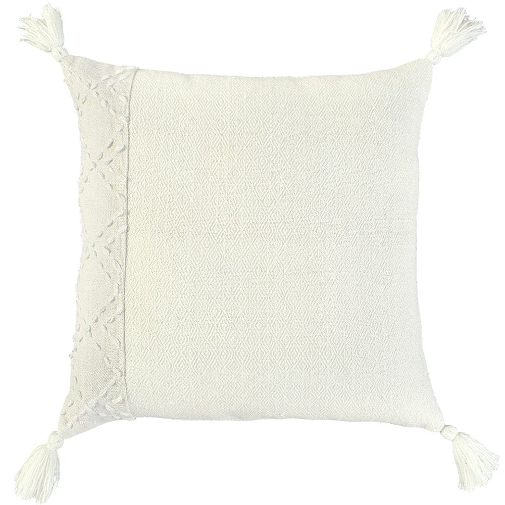 20" Ivory Herringbone Cotton Throw Pillow With Tassles — view 1