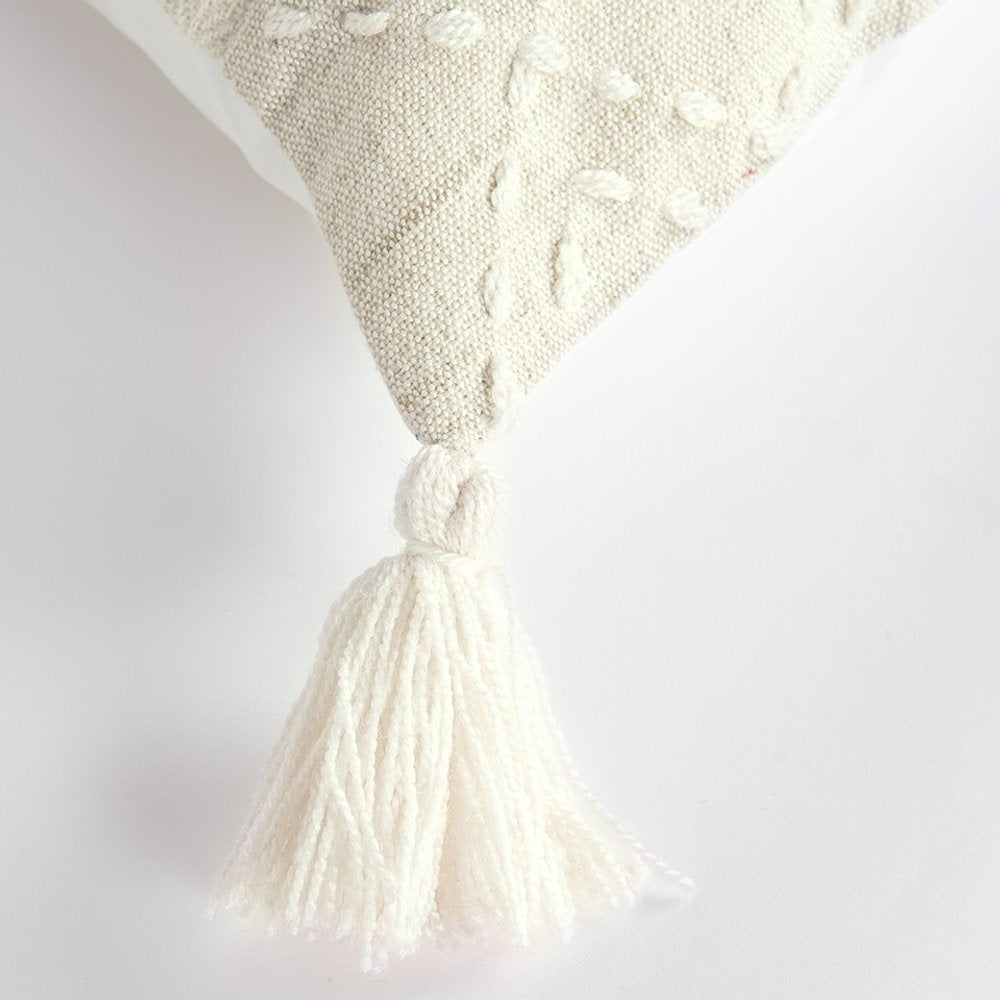 20" Ivory Herringbone Cotton Throw Pillow With Tassles HomeRoots