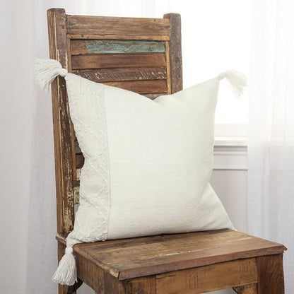 20" Ivory Herringbone Cotton Throw Pillow With Tassles HomeRoots