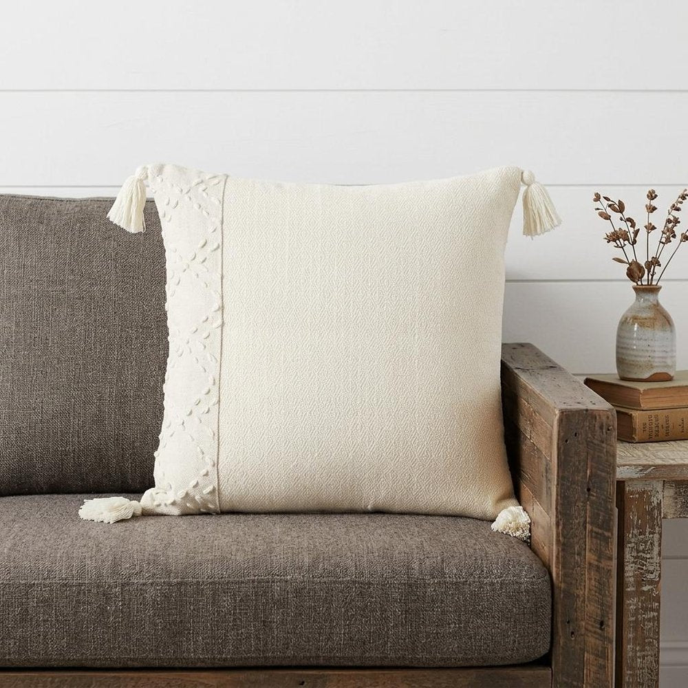 20" Ivory Herringbone Cotton Throw Pillow With Tassles — view 9