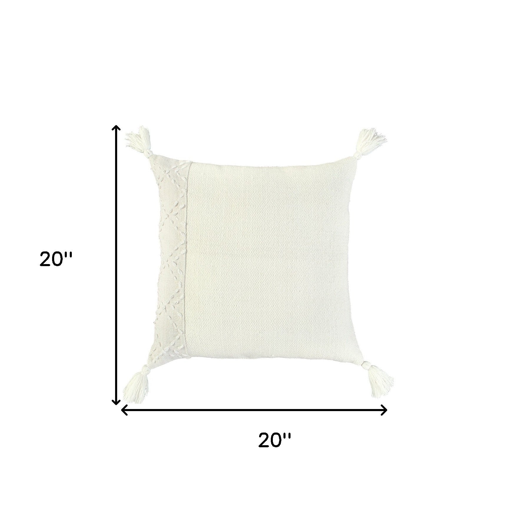 20" Ivory Herringbone Cotton Throw Pillow With Tassles FurniFindUSA
