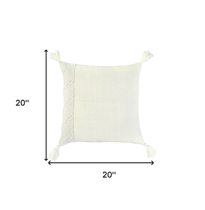 20" Ivory Herringbone Cotton Throw Pillow With Tassles FurniFindUSA