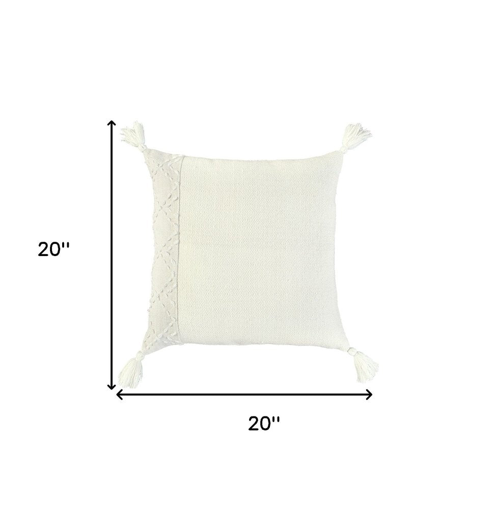20" Ivory Herringbone Cotton Throw Pillow With Tassles — view 6
