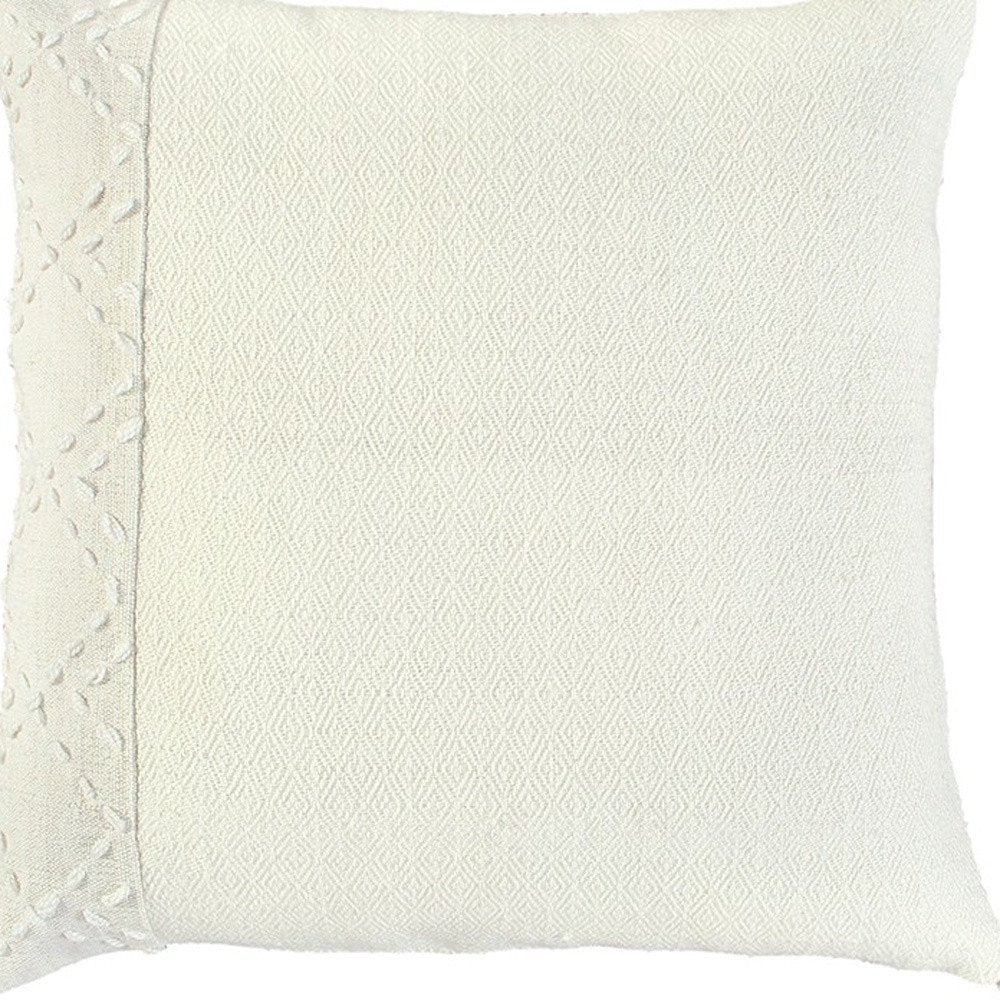 20" Ivory Herringbone Cotton Throw Pillow With Tassles