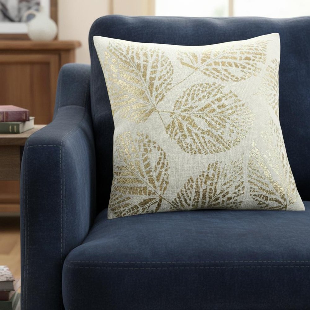 Ivory Gold Metallic Foil Leaf Pattern Throw Pillow — view 9