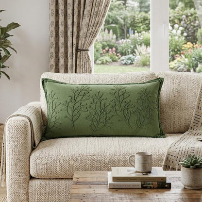 14" X 26" Green Tone on Tone Botanical Throw Pillow With Embroidery HomeRoots