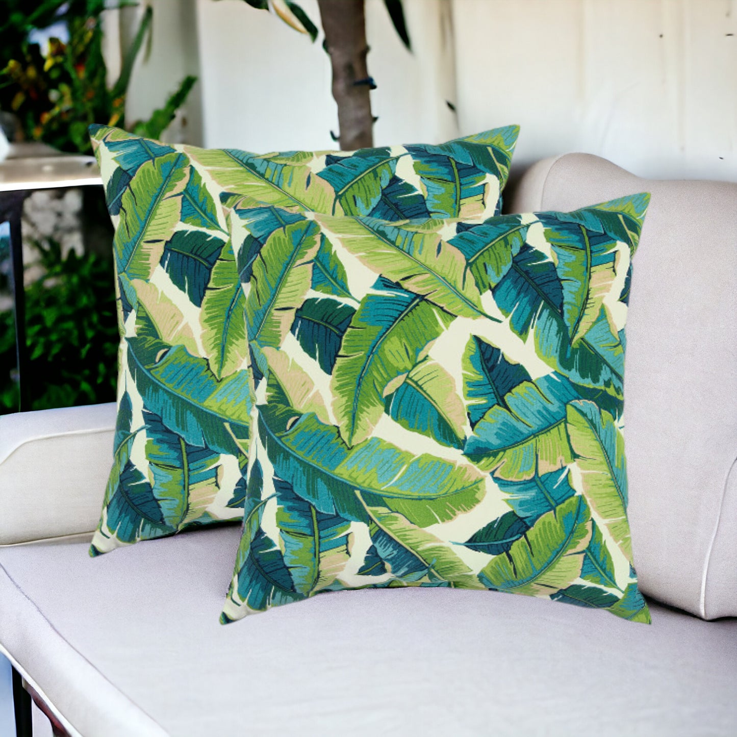 22" Blue and Green Tropical Indoor Outdoor Throw Pillow Cover and Insert