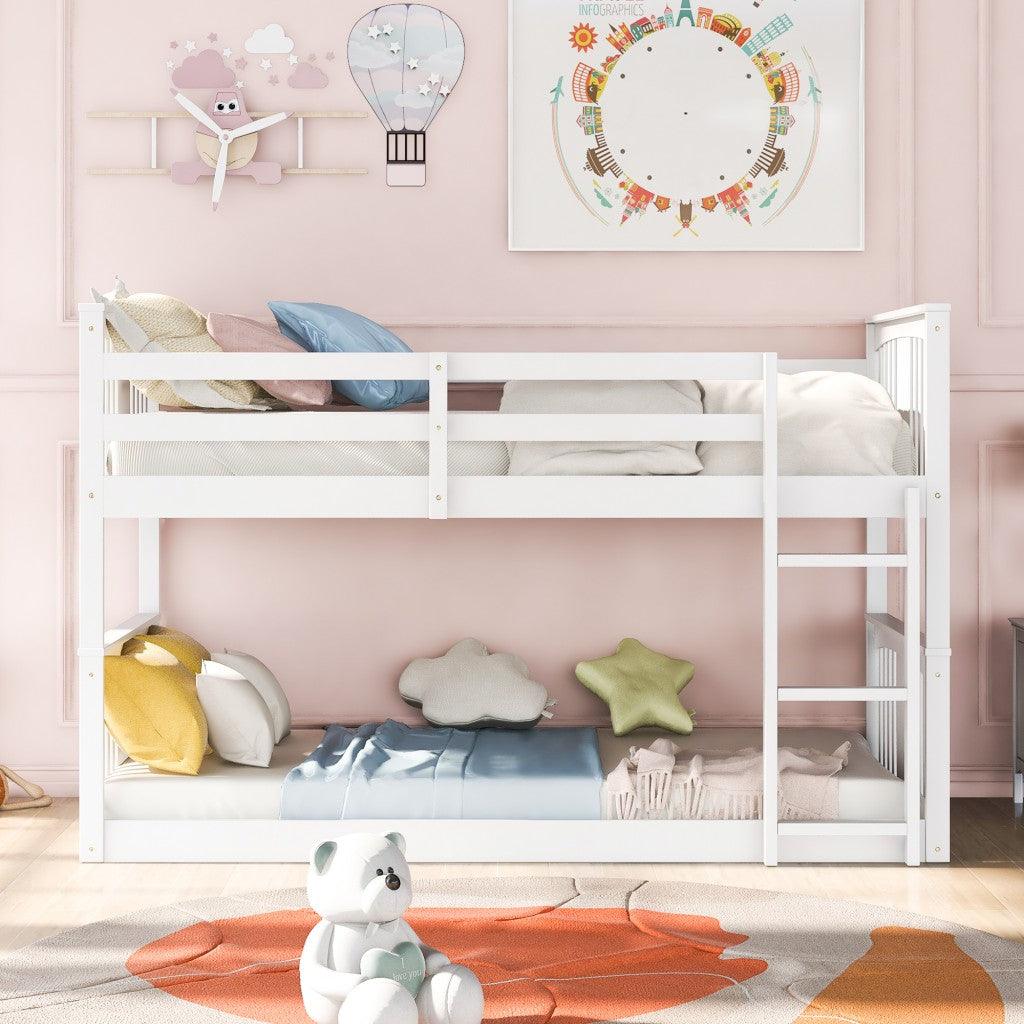 White Classic Twin Over Twin Bunk Bed with Ladder - FurniFindUSA