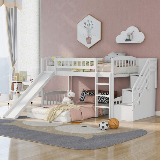 White Twin Over Twin Perpendicular Bunk Bed with Storage Stairs and Slide - FurniFindUSA