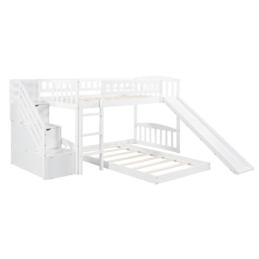 White Twin Over Twin Perpendicular Bunk Bed with Storage Stairs and Slide - FurniFindUSA