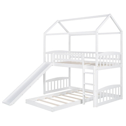 White Playhouse Frame Full Over Full Perpendicular Bunk Bed with Slide - FurniFindUSA