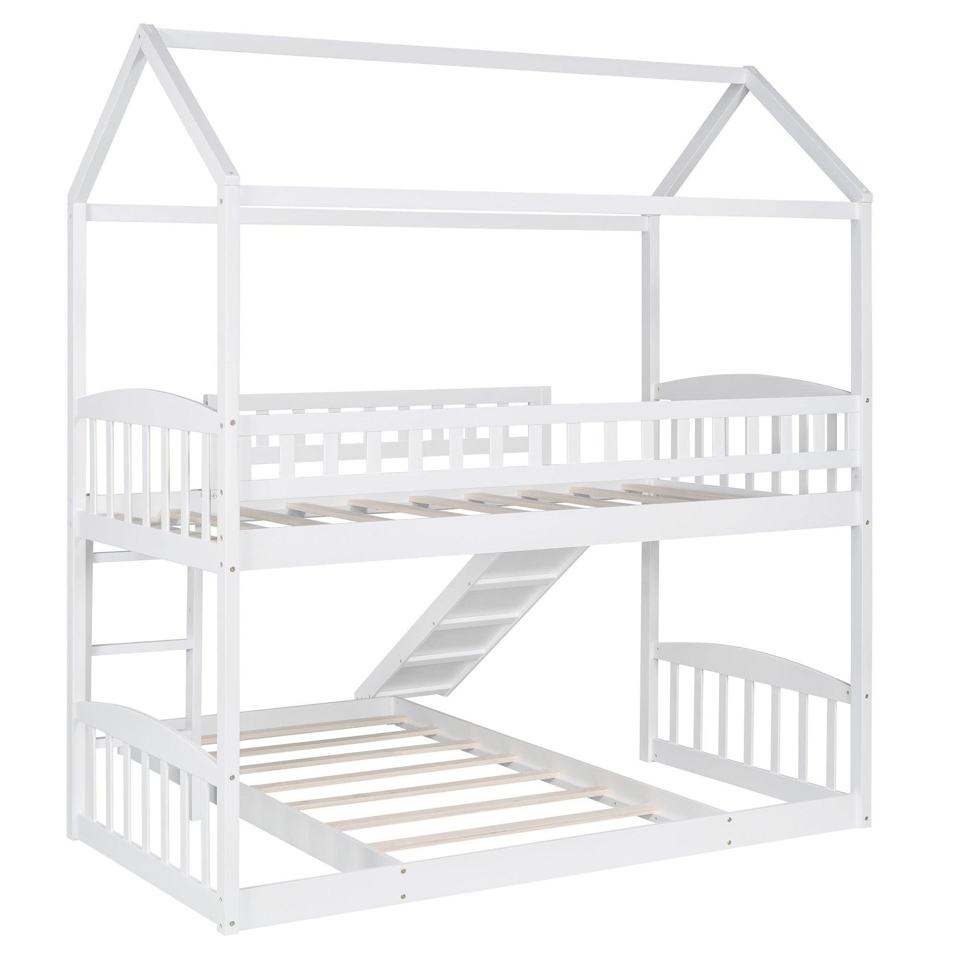 White Playhouse Frame Full Over Full Perpendicular Bunk Bed with Slide - FurniFindUSA