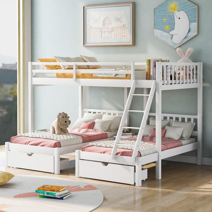 White Full Over Double Twin Triple Bunk Beds with Drawers - FurniFindUSA