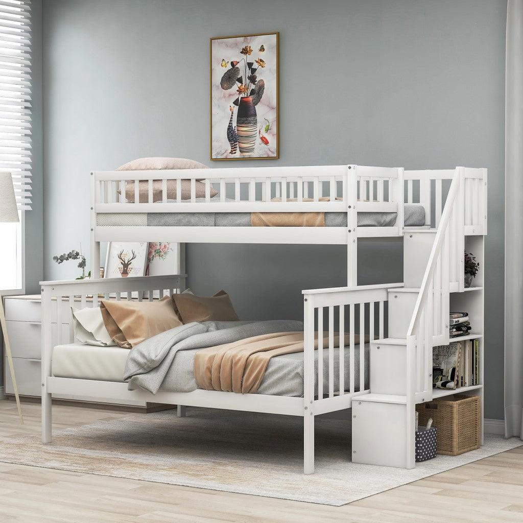 White Twin Over Full Farmhouse Style Bunk Bed with Staircase - FurniFindUSA