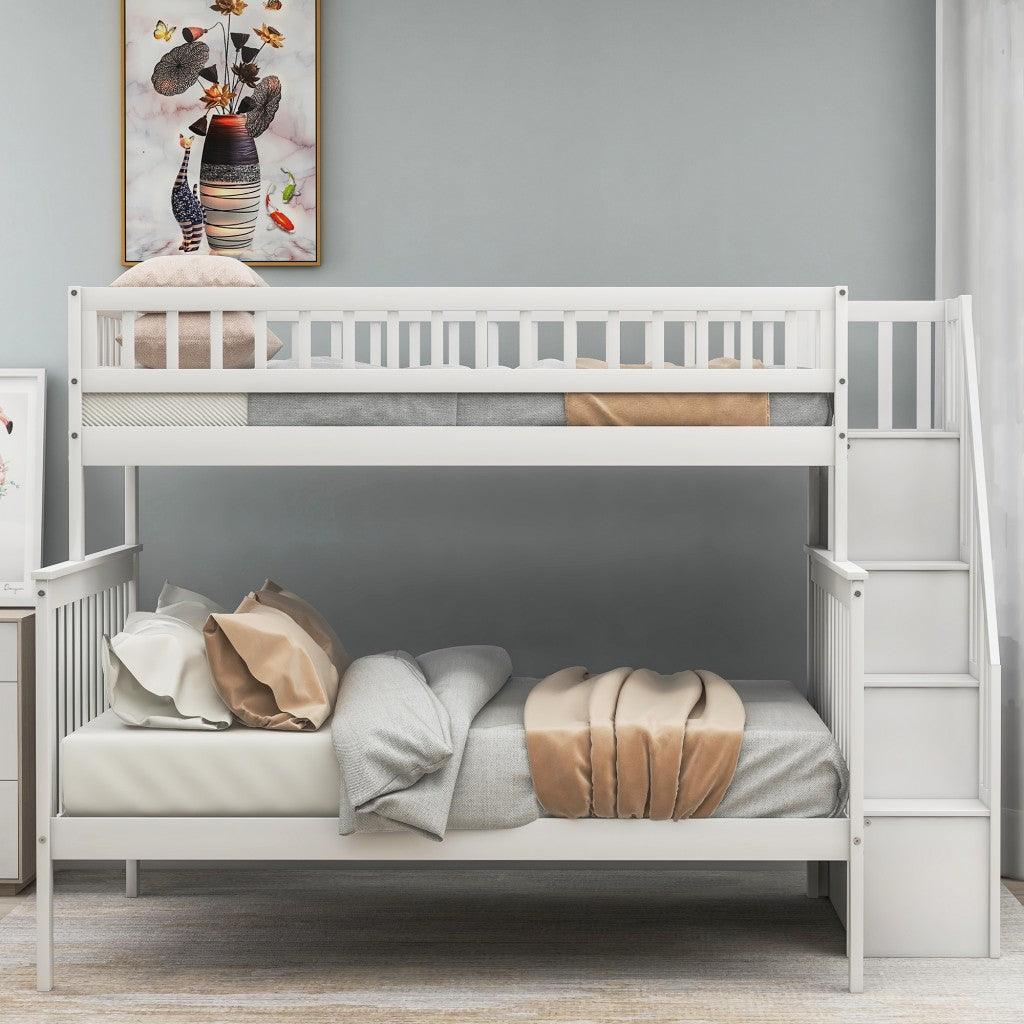 White Twin Over Full Farmhouse Style Bunk Bed with Staircase - FurniFindUSA