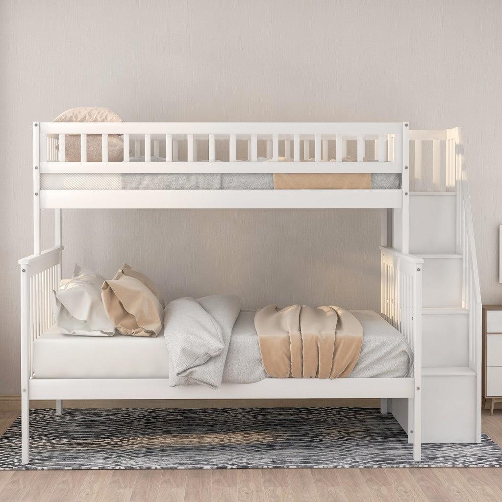 White Twin Over Full Farmhouse Style Bunk Bed with Staircase - FurniFindUSA