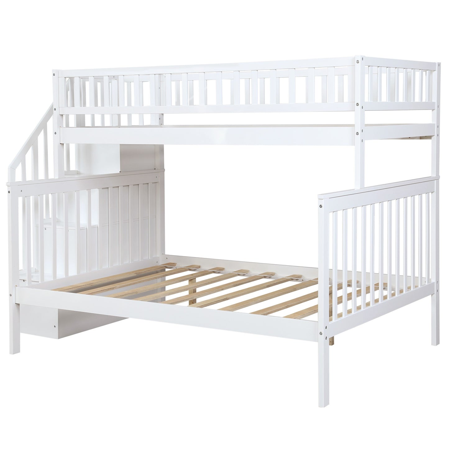 White Twin Over Full Farmhouse Style Bunk Bed with Staircase