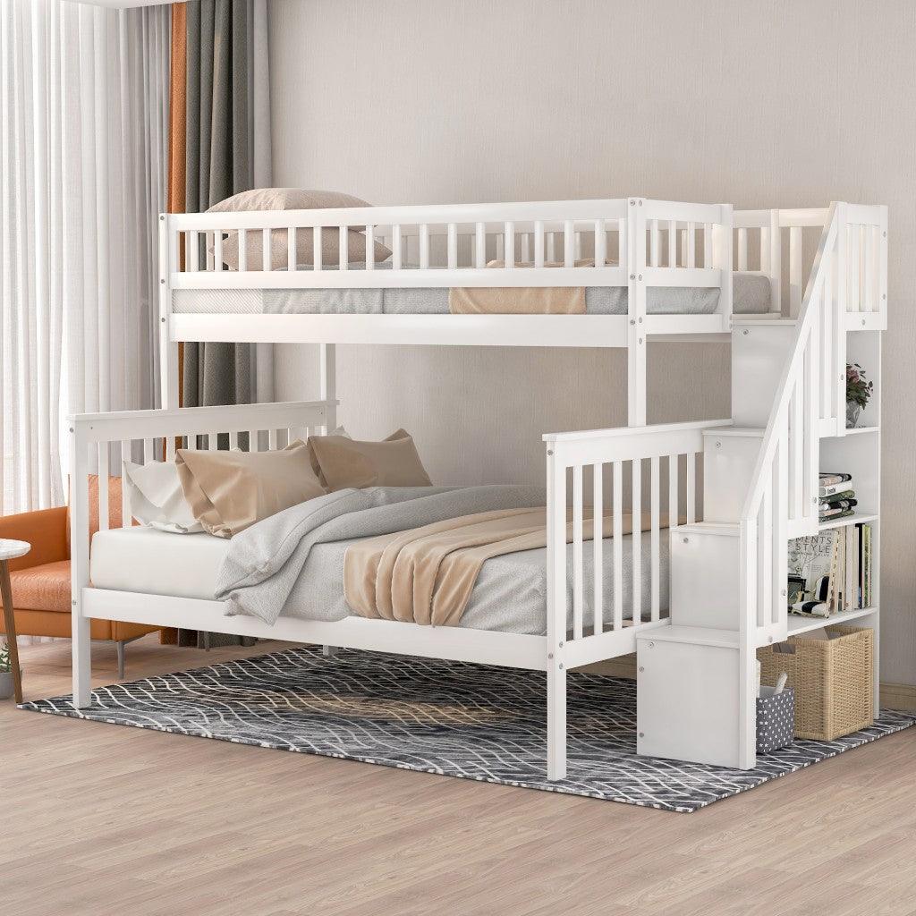 White Twin Over Full Farmhouse Style Bunk Bed with Staircase - FurniFindUSA