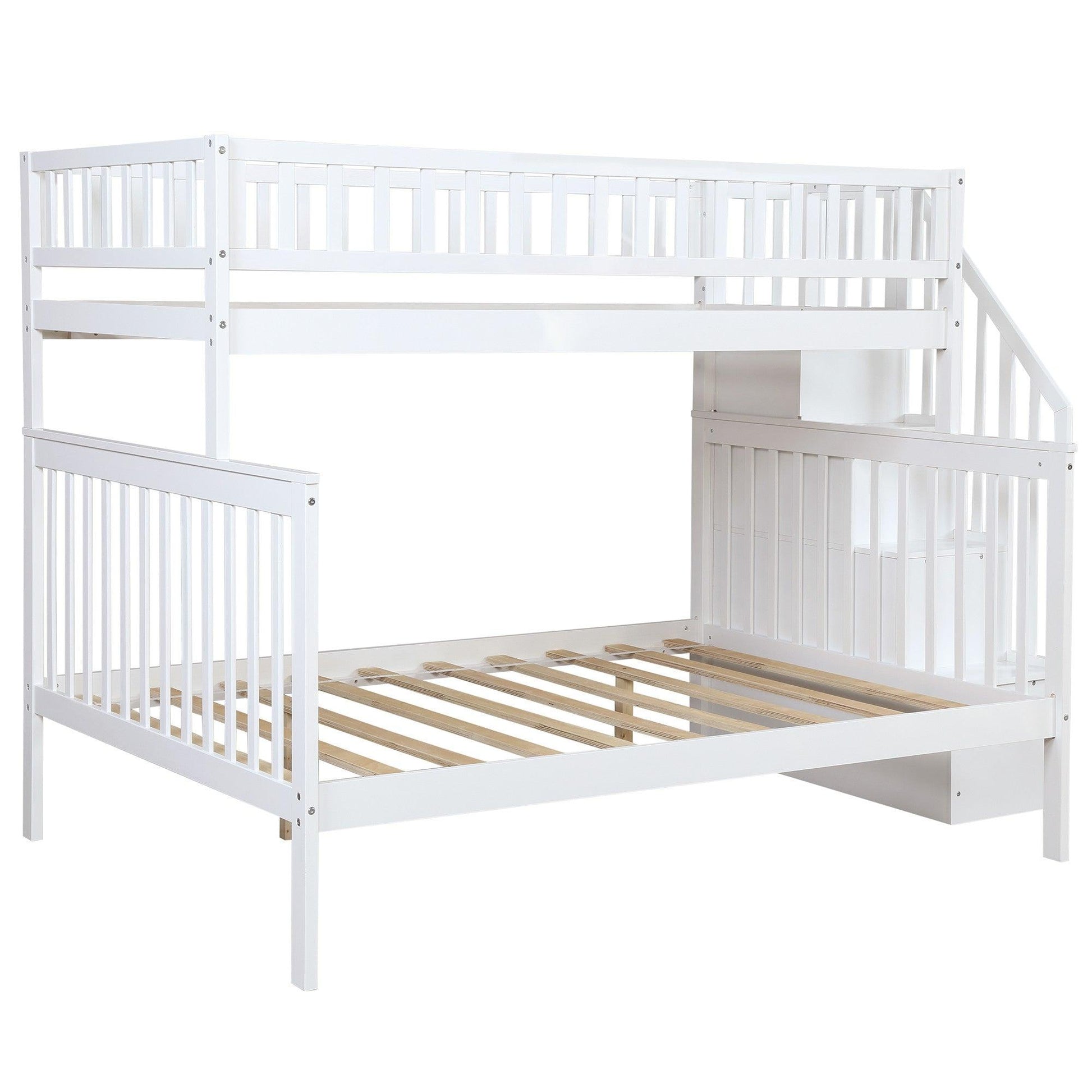 White Twin Over Full Farmhouse Style Bunk Bed with Staircase - FurniFindUSA