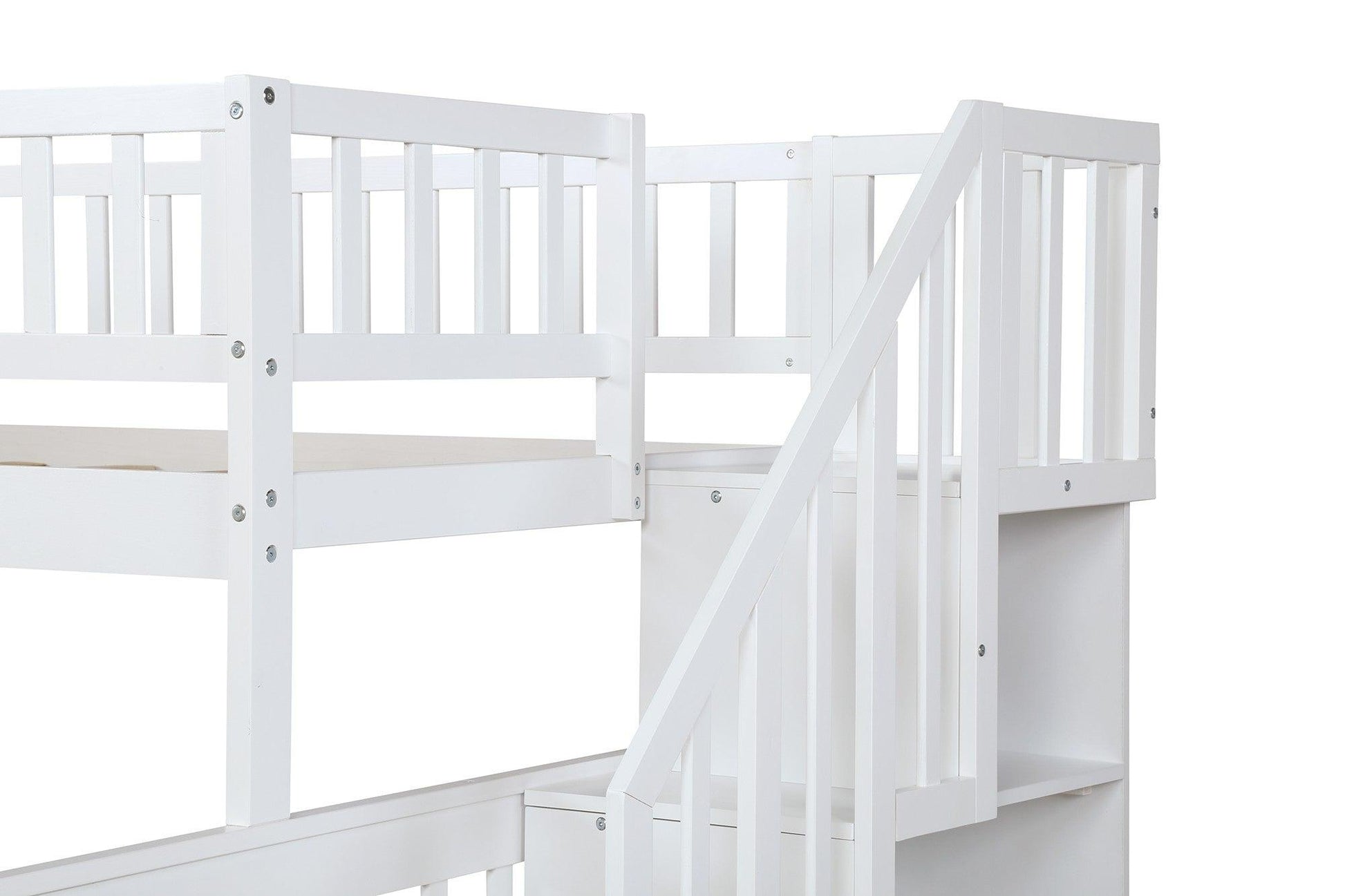 White Twin Over Full Farmhouse Style Bunk Bed with Staircase - FurniFindUSA