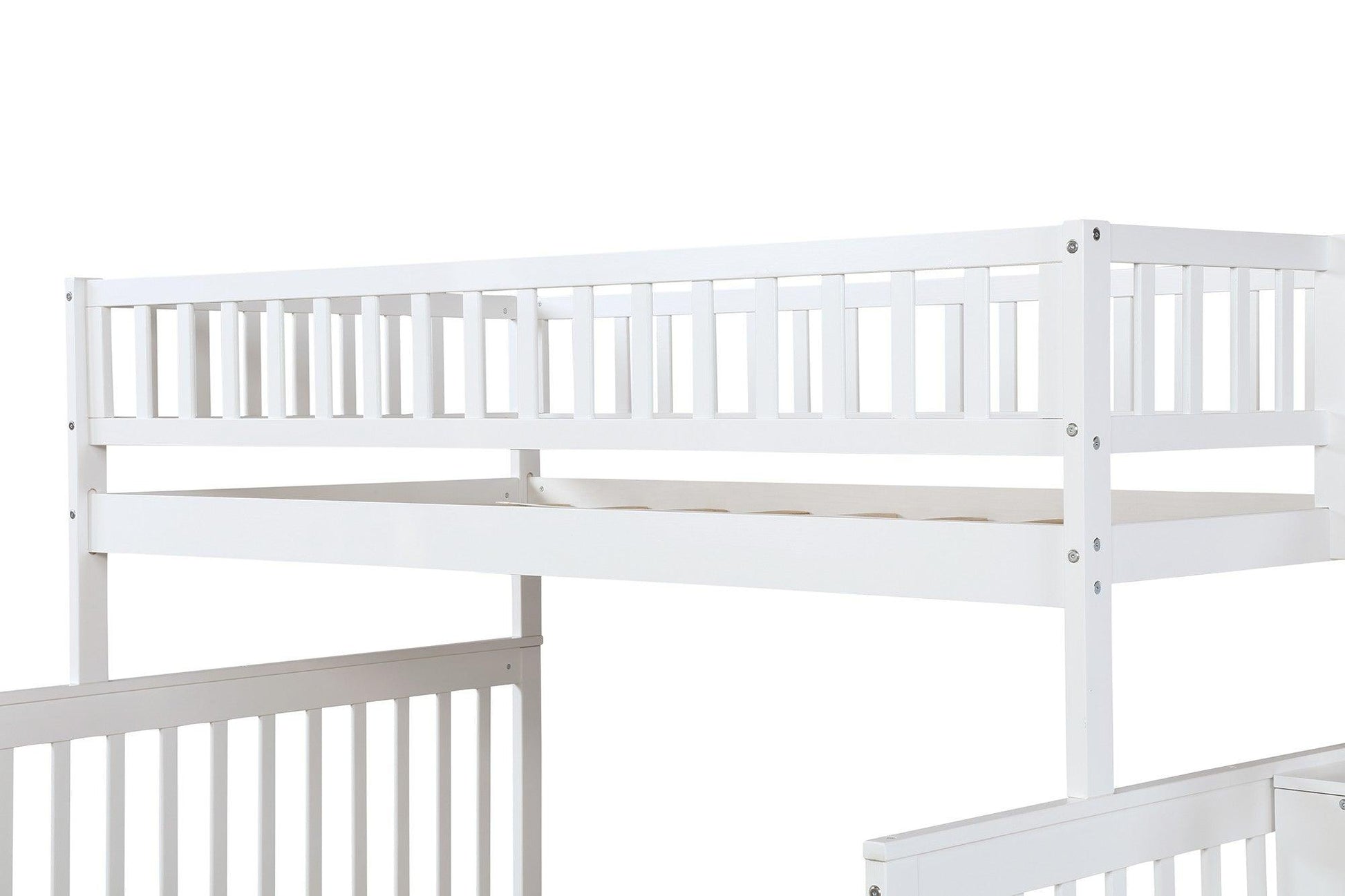 White Twin Over Full Farmhouse Style Bunk Bed with Staircase - FurniFindUSA