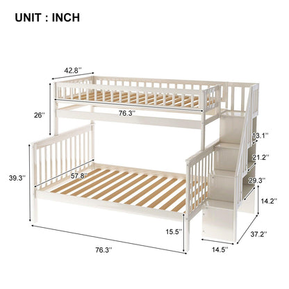 White Twin Over Full Farmhouse Style Bunk Bed with Staircase - FurniFindUSA