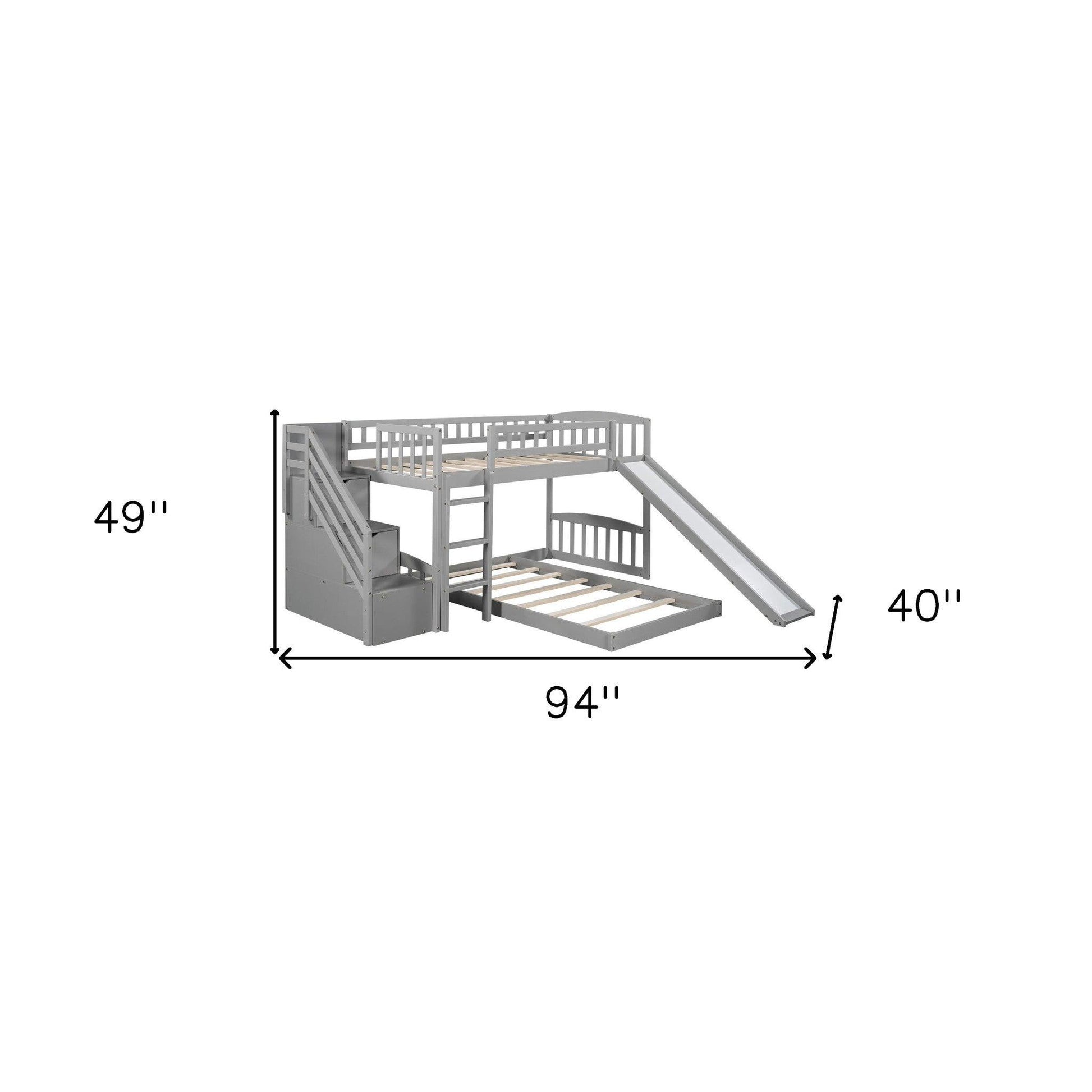 Gray Twin Over Twin Perpendicular Bunk Bed with Storage Stairs and Slide - FurniFindUSA