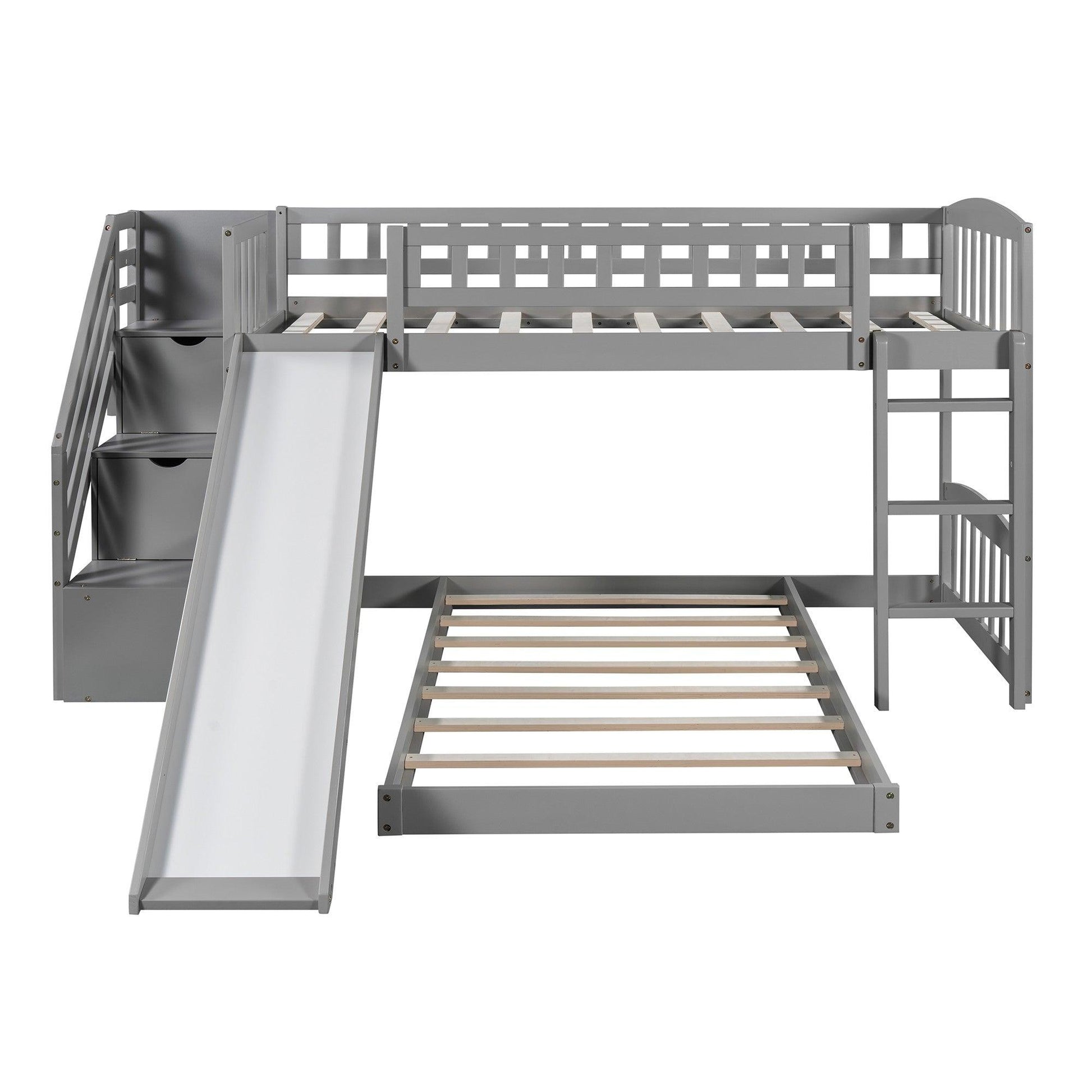 Gray Twin Over Twin Perpendicular Bunk Bed with Storage Stairs and Slide - FurniFindUSA